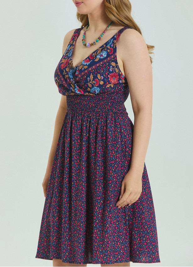 V Neck Robe Pink Floral Patterned Plus Size Dress 4584